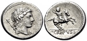P. Crepusius, 82 BC. Denarius (Silver, 17.5 mm, 3.86 g, 7 h), Rome. Laureate head of Apollo to right, with scepter on his far shoulder; below chin, A....