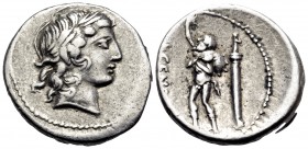 L. Marcius Censorinus, 82 BC. Denarius (Silver, 17 mm, 3.89 g, 4 h), Rome. Laureate head of Apollo to right. Rev. [L ·] CEN[SOR] Marsyas advancing lef...