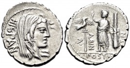A. Postumius A.f. Sp.n. Albinus, 81 BC. Denarius Serratus (Silver, 21 mm, 4.00 g, 11 h), Rome. HISPAN Veiled head of Hispania to right. Rev. A · POST ...