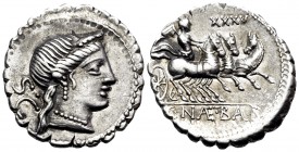 C. Naevius Balbus, 79 BC. Denarius Serratus (Silver, 19 mm, 3.89 g, 8 h), Rome. Diademed head of Venus to right, wearing earring and pearl necklace; b...