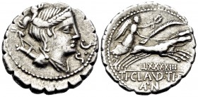 Ti. Claudius Ti.f. Ap.n. Nero, 79 BC. Denarius Serratus (Silver, 19 mm, 3.77 g, 4 h), Rome. Diademed and draped bust of Diana to right, quiver and bow...
