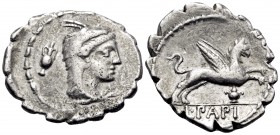 L. Papius, 79 BC. Denarius Serratus (Silver, 20.5 mm, 3.91 g, 4 h), Rome. Head of Juno Sospita to right; behind, amphora. Rev. L · PAPI Gryphon spring...