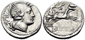 L. Rutilius Flaccus, 77 BC. Denarius (Silver, 18 mm, 3.91 g, 6 h), Rome. FLAC Helmeted head of Roma to right. Rev. L · RVTILI Victory driving biga to ...