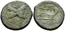 Sextus Pompey, 42-38 BC. As (Bronze, 31 mm, 27.45 g, 12 h), uncertain Sicilian mint. MAGN Laureate, janiform head with the features of Cn. Pompeius Ma...