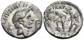 Sextus Pompey, 37-36 BC. Denarius (Silver, 18 mm, 3.64 g, 10 h), military mint in Sicily. MAG•PIVS•IMP[•ITER] Bare head of Pompeius Magnus to right; b...
