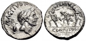 Sextus Pompey, 37/6 BC. Denarius (Silver, 17.5 mm, 3.62 g, 4 h), military mint in Sicily. MAG•PIVS•IM[P•ITER] Bare head of Cn. Pompeius Magnus to righ...