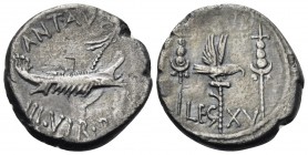 The Triumvirs. Mark Antony, Autumn 32-spring 31 BC. Denarius (Silver, 18 mm, 3.48 g, 6 h), Patrae (?) for the 15th legion. ANT•AVG / III•VIR•R•P•C• Pr...