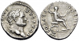 Titus, as Caesar, 69-79. Denarius (Silver, 19.5 mm, 3.47 g, 6 h), 74. T CAESAR IMP VESP Laureate head of Titus to right. Rev. PONTIF TR P COS III Titu...