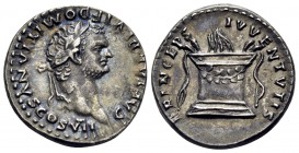 Domitian, as Caesar, 69-81. Denarius (Silver, 17.5 mm, 3.47 g, 7 h), Rome, under Titus, 80-81. CAESAR DIVI F DOMITIANVS COS VII Laureate head of Domit...