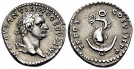Rome. Domitian, 81-96. Denarius (Silver, 18.5 mm, 3.27 g, 12 h), 82. IMP CAES DOMITIANVS AVG P M Laureate head of Domitian to right. Rev. TR POT COS V...
