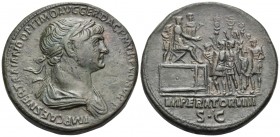 Trajan, 98-117. Sestertius (Orichalcum, 32.5 mm, 25.97 g, 6 h), Rome, 115-116. IMP CAES NER TRAIANO OPTIMO AVG GER DAC P M TR P COS VI P P Laureate an...