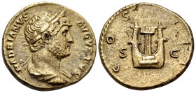 Hadrian, 117-138. Semis (Orichalcum, 18.5 mm, 4.47 g, 6 h), Rome mint, for circulation in Syria, 125-128. HADRIANVS AVGVSTVS Laureate, draped and cuir...