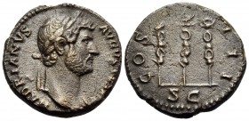 Hadrian, 117-138. Quadrans (Copper, 17 mm, 3.49 g, 7 h), Rome, 125-128. HADRIANVS AVGVSTVS P P Laureate head of Hadrian to right. Rev. COS III / S C A...
