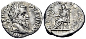 Pertinax, 193. Denarius (Silver, 17 mm, 3.33 g, 6 h), Rome. IMP CAES P HELV PERTIN AVG Laureate head of Pertinax to right. Rev. OPI DIVIN TR P COS II ...