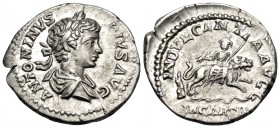 Caracalla, 198-217. Denarius (Silver, 19 mm, 3.19 g, 5 h), Rome, 203. ANTONINVS PIVS AVG Laureate and draped bust of Caracalla to right. Rev. INDVLGEN...