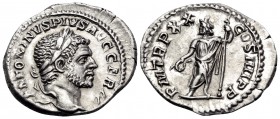 Caracalla, 198-217. Denarius (Silver, 20 mm, 3.04 g, 7 h), Rome, 217. ANTONINVS PIVS AVG GERM Laureate head of Caracalla to right. Rev. P M TR P XX CO...