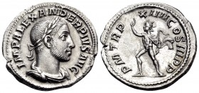 Severus Alexander, 222-235. Denarius (Silver, 20 mm, 2.93 g, 7 h), Rome, January - February/March AD 235. IMP ALEXANDER PIVS AVG Laureate, lightly bea...