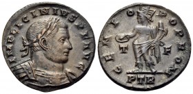 Licinius I, 308-324. Follis (Bronze, 21 mm, 3.92 g, 6 h), Treveri (Trier), circa 310-313. IMP LICINIVS P F AVG Laureate and cuirassed bust of Licinius...