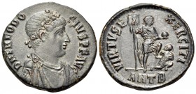 Theodosius I, 379-395. (Bronze, 21.5 mm, 5.02 g, 11 h), Antioch, 383-388. D N THEODO-SIVS P F AVG Rosette-diademed, draped and cuirassed bust of Theod...