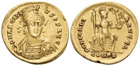 Arcadius, 383-408. Solidus (Gold, 21 mm, 4.42 g, 6 h), Constantinople, 4th officina (Δ), 397-402. D N ARCADI-VS P F AVG Pearl-diademed, helmeted and c...