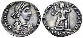 Honorius, 393-423. Siliqua (Silver, 14 mm, 0.91 g, 7 h), Milan, 402. D N HONORI-VS P F AVG Pearl-diademed, draped, and cuirassed bust of Honorius to r...