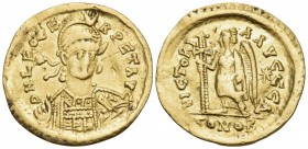 Leo I, 457-474. Solidus (Gold, 20 mm, 4.09 g, 6 h), Constantinople, 4th officina (Δ), 462 or 466. D N LEO PERPET AVG Helmeted, diademed and cuirassed ...