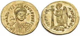 Anastasius I, 491-518. Solidus (Gold, 20.5 mm, 4.49 g, 6 h), Constantinople, 8th officina (H), 492-507. D N ANASTA-SIVS P P AVG Helmeted and cuirassed...