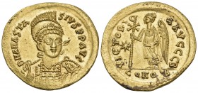 Anastasius I, 491-518. Solidus (Gold, 21 mm, 4.48 g, 7 h), Constantinople, 2nd officina (B), c. 498. D N ANASTA-SIVS P P AVC Helmeted, diademed and cu...