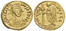 Anastasius I, 491-518. Solidus (Gold, 19 mm, 4.43 g, 6 h), Thessalonica. D N ANASTA-SIVS P P AVC Diademed, helmeted and cuirassed bust of Anastasius 3...