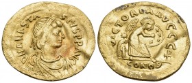 Anastasius I, 491-518. Semissis (Gold, 19 mm, 2.13 g, 6 h), Constantinople, 507-518. DN ANASTA-SIVS PP AVC Diademed, draped and cuirassed bust of Anas...