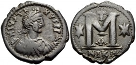 Justin I, 518-527. 40 Nummia or Follis (Bronze, 33 mm, 16.93 g, 7 h), Nicomedia, 1st officina. D N IVSTI-NVS PP AVG Diademed, draped and cuirassed bus...