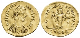 Justinian I, 527-565. Tremissis (Gold, 10.5 mm, 1.42 g, 7 h), Constantinople. D N IVSTINI-ANVS P P AVC Diademed, draped and cuirassed bust of Justinia...