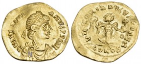 Justinian I, 527-565. Tremissis (Gold, 15 mm, 1.43 g, 6 h), Constantinople. D N IVSTINI-ANVS P P AVI Diademed, draped and cuirassed bust of Justinian ...