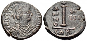 Justinian I, 527-565. Decanummium (Bronze, 20 mm, 5.82 g, 6 h), Carthage, regnal year 13 = 539/40. D N IVSTINI-[ANV]S P F AVG Diademed, draped and cui...