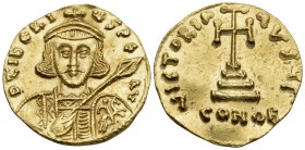 Tiberius III (Apsimar), 698-705. Solidus (Gold, 19.5 mm, 4.44 g, 7 h), Constantinople, 3rd officina (Γ). d TIbЄRI-ႷS PЄ AV Crowned and cuirassed bust ...