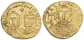 Constantine V Copronymus, with Leo IV, 741-775. Solidus (Gold, 21 mm, 4.44 g, 6 h), Constantinople, 757-775. COҺSτAҺτIҺOS S LЄOҺ O ҺЄOS Crowned, equal...