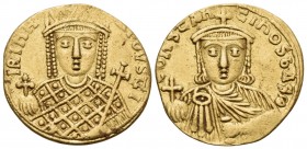 Constantine VI & Irene, 780-797. Solidus (Gold, 20.5 mm, 4.41 g, 6 h), 793-797. IRINH AΓOVSTI Bust of Irene facing, wearing crown with pendilia and lo...