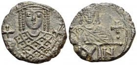 Constantine VI & Irene, 780-797. Follis (Copper, 18 mm, 2.53 g, 5 h), Constantinople, 792-797. Bust of Irene facing, wearing crown with pinnacles and ...