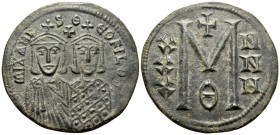Michael II the Amorian, with Theophilus, 820-829. Follis (Bronze, 29 mm, 7.71 g, 6 h), Constantinople, 821-829. MIXAHL S Θ ЄOFILOS Two facing busts; o...