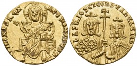 Basil I the Macedonian, with Constantine VII, 867-886. Solidus (Gold, 19 mm, 4.52 g, 6 h), Constantinople, circa 868-870. +IhS XIS REX REGNANTIЧM ✱ Ch...