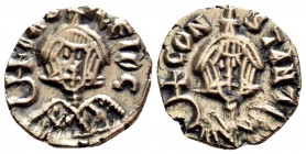 Basil I the Macedonian, with Constantine, 867-886. Semissis (Gold, 13 mm, 1.39 g, 6 h), debased and reddish in color, Syracuse, 868-879. bASILЄIOC Cro...