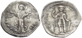 Constantine IX Monomachus, 1042-1055. Miliaresion (Silver, 26 mm, 2.17 g, 5 h), Constantinople. +ΔЄCΠOI NA CWZOIC / MHP ΘΥ Τhe Virgin, orans and nimba...
