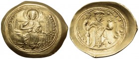 Constantine X Ducas, 1059-1067. Histamenon (Gold, 27 mm, 4.33 g, 6 h), Constantinople. +IhS IXS REX REGNANThIm Christ, nimbate, seated facing on squar...