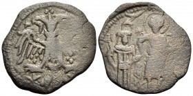 John V Palaeologus, 1341-1391. Trachy Nomisma (Bronze, 20.5 mm, 1.87 g, 6 h), Thessalonica. Double-headed eagle; stars in upper fields. Rev. John V on...