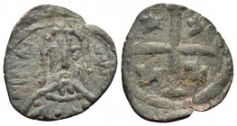 Manuel II Palaeologus, 1391-1425. Follaro (Bronze, 15 mm, 0.58 g, 6 h), Constantinople. Four stars in angles of cross. Rev. MANOYHΛ Crowned facing bus...