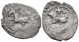 ARMENIA, Cilician Armenia. Post Roupenian, late 14th-15th centuries. (Bronze, 20 mm, 1.17 g, 3 h), Perhaps Sis. Pseudo-Armenian legend King on horseba...