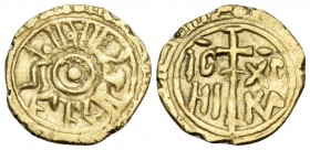 ITALY. Sicilia (Regno). Ruggero II, 1130-1154. Tarì (Gold, 13.5 mm, 1.18 g), Palermo, 1140-1154. Kufic legend in two margins around pellet in circle. ...