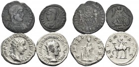 ROMAN IMPERIAL. Circa 3rd-4th century. (Billon, 13.10 g). A lot of Four Silver and Bronze coins, from the mid 3rd century to the mid 4rt Century. All ...
