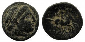 Kings of Macedon. Alexander III ‘the Great’ (336-323 BC). AE Miletos, c. 323-319.
 Diademed head right.
Rev: Horseman right; double-axe and monogram W...