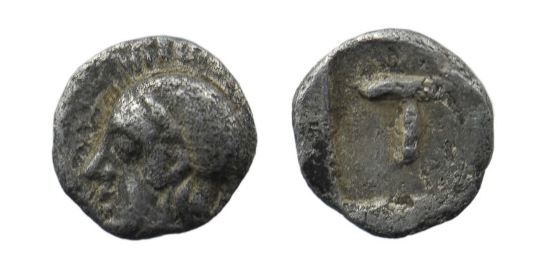 Arkadia, Tegea. Ca. 423-400 B.C. AR tetartemorion. 
Helmeted head of Athena Alea...